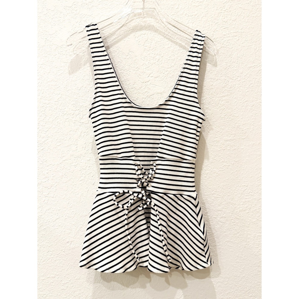 Express One Eleven Dark Navy White Striped Peplum Tank M 2010's Y2K Corset Style